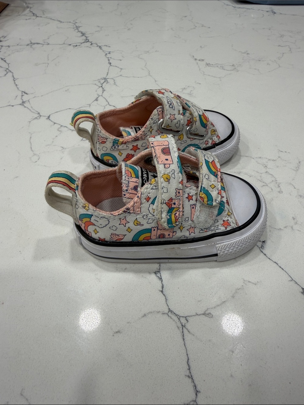 Kids Rainbow & Stars Canvas Sneakers with Hook-and-Loop Straps - White/Pink